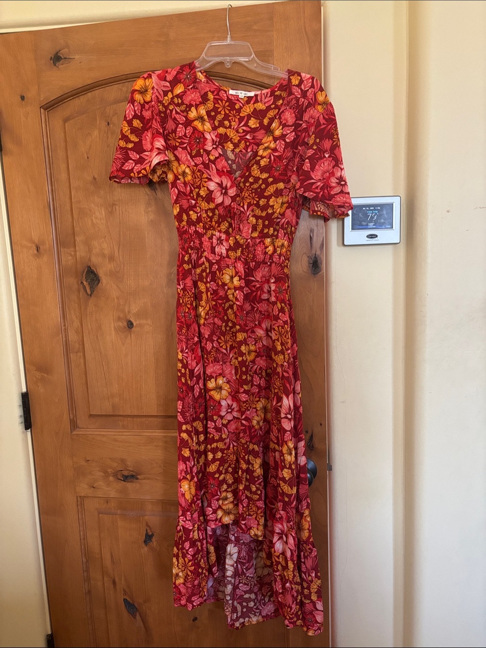 Anthropolgie Red V-Neck Maxi Dress with Short Sleeves